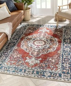 Well Woven Arco Oriental Medallion Pattern Red Blue Distressed Rug
