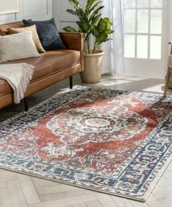 Well Woven Arco Oriental Medallion Pattern Red Blue Distressed Rug