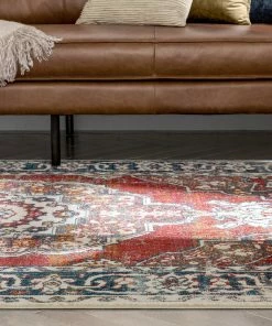 Well Woven Arco Oriental Medallion Pattern Red Blue Distressed Rug