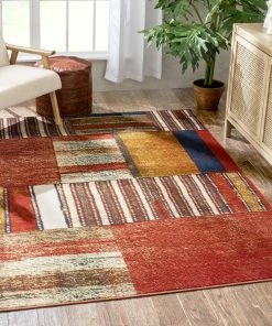 Well Woven Hauser Tribal Patchwork Red Ivory Distressed Rug