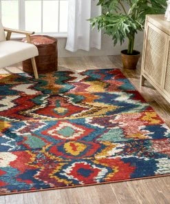 Well Woven Basalt Moroccan Geometric Waves Blue Red Distressed Rug Global