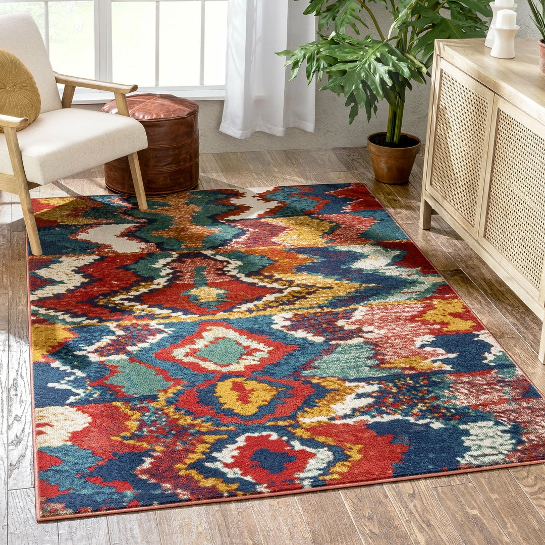 Well Woven Basalt Moroccan Geometric Waves Blue Red Distressed Rug Global 1 Well Woven Basalt Moroccan Geometric Waves Blue Red Distressed Rug Global