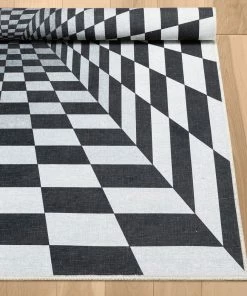 Well Woven Warp Bottomless Hole 3D Geometric Black Ivory Flat-Weave Washable Area Rug