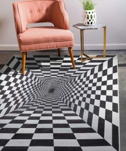 Well Woven Warp Bottomless Hole 3D Geometric Black Ivory Flat-Weave Washable Area Rug