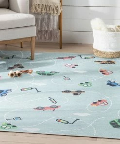 Well Woven Machine Washable Traffic Modern Green Flat-Weave Washable Kids Rug