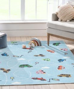 Well Woven Traffic Modern Light Blue Flat-Weave Washable Kids Rug