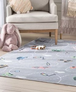 Well Woven Machine Washable Traffic Modern Grey Flat-Weave Washable Kids Rug