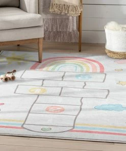 Well Woven Hopscotch Modern Multi Beige Flat-Weave Washable Kids Rug Machine Washable