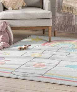 Well Woven Hopscotch Modern Multi Beige Flat-Weave Washable Kids Rug Machine Washable