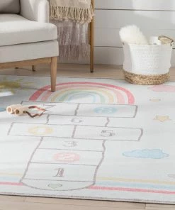 Well Woven Machine Washable Hopscotch Rainbow Modern Multi Beige Flat-Weave Washable Kids Rug