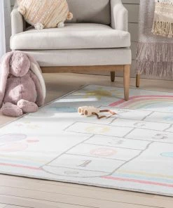 Well Woven Machine Washable Hopscotch Rainbow Modern Multi Beige Flat-Weave Washable Kids Rug