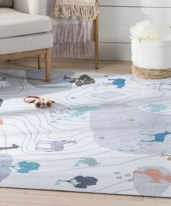 Well Woven Machine Washable Safari Modern Grey Flat-Weave Washable Kids Rug