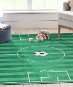 Well Woven Machine Washable Soccer Field Modern Green Flat-Weave Washable Kids Rug