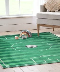 Well Woven Machine Washable Soccer Field Modern Green Flat-Weave Washable Kids Rug