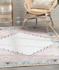 Well Woven Ethnic Soft Medallion Modern Pink Beige Flat-Weave Washable Kids Rug