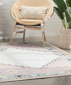 Well Woven Ethnic Soft Medallion Modern Pink Beige Flat-Weave Washable Kids Rug