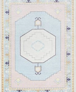 Well Woven Ethnic Soft Medallion Modern Pink Light Blue Flat-Weave Washable Kids Rug Machine Washable