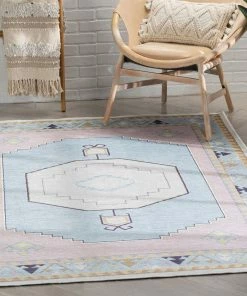 Well Woven Ethnic Soft Medallion Modern Pink Light Blue Flat-Weave Washable Kids Rug Machine Washable
