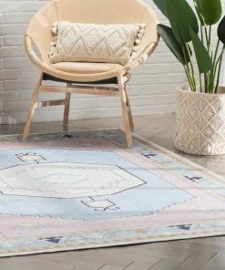 Well Woven Ethnic Soft Medallion Modern Pink Light Blue Flat-Weave Washable Kids Rug Machine Washable