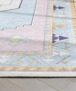 Well Woven Ethnic Soft Medallion Modern Pink Light Blue Flat-Weave Washable Kids Rug Machine Washable