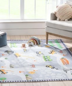 Well Woven Construction Modern Grey Multi Flat-Weave Washable Kids Rug