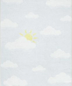 Well Woven Machine Washable Cloud 9 Sun Modern Grey Light Blue Flat-Weave Washable Kids Rug
