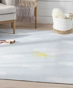 Well Woven Machine Washable Cloud 9 Sun Modern Grey Light Blue Flat-Weave Washable Kids Rug