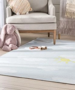 Well Woven Machine Washable Cloud 9 Sun Modern Grey Light Blue Flat-Weave Washable Kids Rug