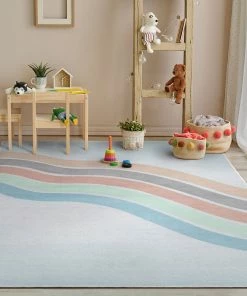 Well Woven Curved Rainbow Modern Multi Color Pastel Flat-Weave Washable Area Rug Machine Washable
