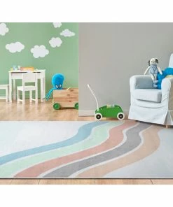 Well Woven Curved Rainbow Modern Multi Color Pastel Flat-Weave Washable Area Rug Machine Washable