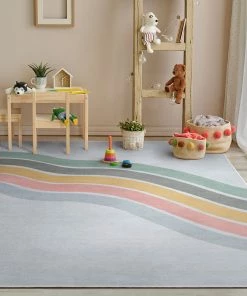 Well Woven Machine Washable Curved Rainbow Modern Multi Color Flat-Weave Washable Area Rug