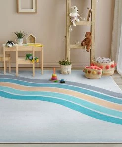 Well Woven Curved Rainbow Modern Multi Color Blue Flat-Weave Washable Area Rug