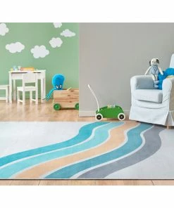 Well Woven Curved Rainbow Modern Multi Color Blue Flat-Weave Washable Area Rug