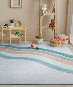 Well Woven Curved Rainbow Modern Multi Color Green Flat-Weave Washable Area Rug Machine Washable