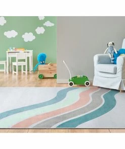 Well Woven Curved Rainbow Modern Multi Color Green Flat-Weave Washable Area Rug Machine Washable