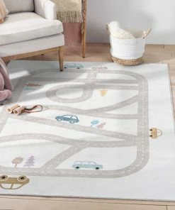 Well Woven Playful Roads Modern Grey Flat-Weave Washable Area Rug Machine Washable