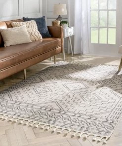 Well Woven Zafer Tribal Geometric Pattern Ivory Kilim-Style Rug