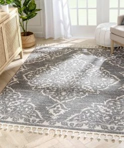 Well Woven Global Mara Medallion Botanical Pattern Grey Kilim-Style Rug