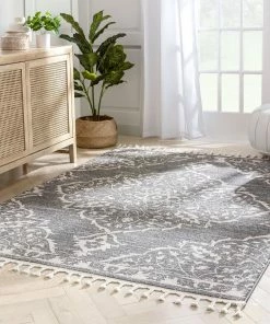 Well Woven Global Mara Medallion Botanical Pattern Grey Kilim-Style Rug