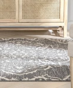 Well Woven Global Mara Medallion Botanical Pattern Grey Kilim-Style Rug