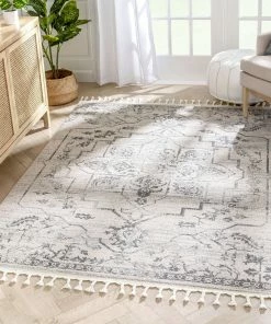 Well Woven Valentina Oriental Medallion Pattern Ivory Grey Kilim-Style Rug