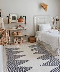 Well Woven Zipped Tribal Aztec Geometric Ivory & Navy Blue Kilim-Style Rug Global