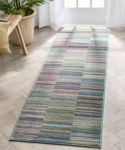 Well Woven Global Nampa Tribal Stripes Geometric Pattern Green Blue Distressed Rug