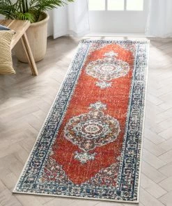 Well Woven Arco Oriental Medallion Pattern Red Blue Distressed Rug